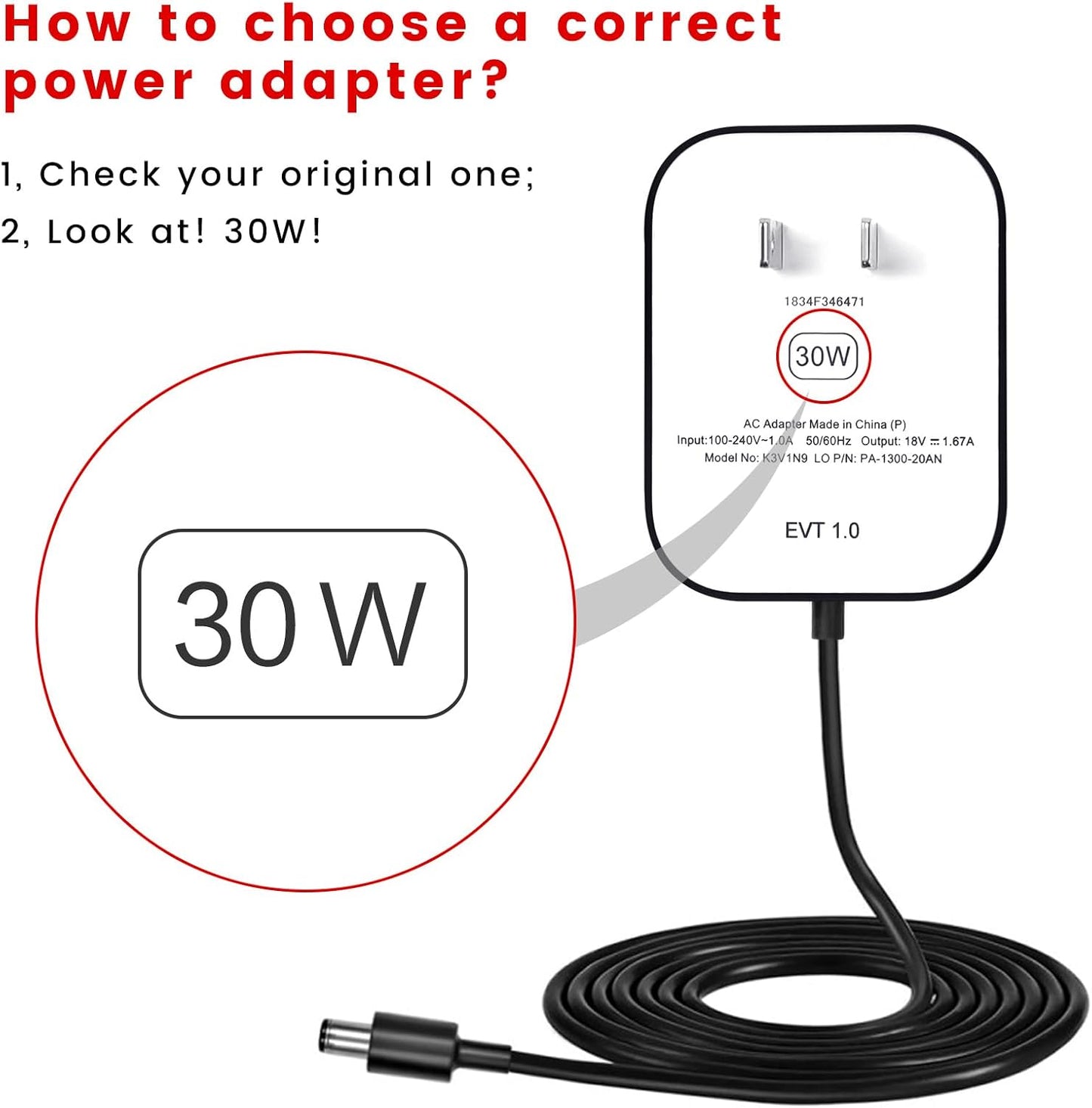 30W Power Cord Adapter for Echo Show 8, 10, 15 & 21 | 5ft White Wall Charger Cable
