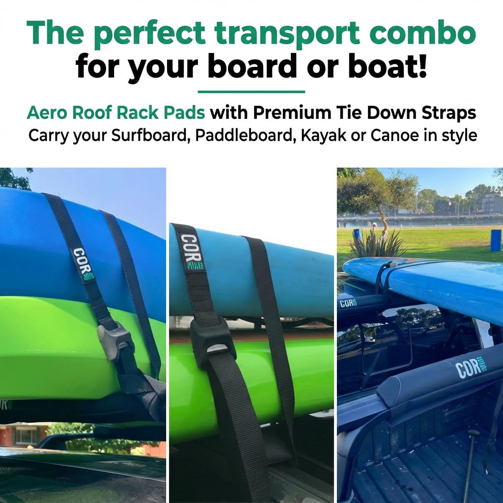 COR Surf Aero Roof Rack Pad and Premium No-Scratch Cam Buckle Tie Down Straps with Protective Silicone for Surf, SUP, Kayak and Canoe (19" Narrow Black)
