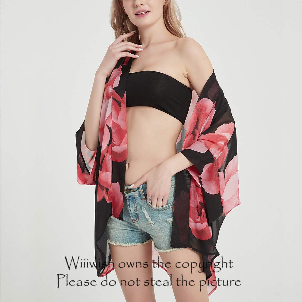 Womens Bohemian Floral Sheer Chiffon Kimono Beach Bikini Cover up Cardigan Capes Tunic