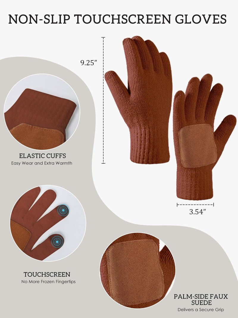 Women's Winter Beanie Hat Scarf Gloves Set,Fleece Lined Knit Pom Hat Long Scarf with Touchscreen Gloves Gifts for Women,Brown