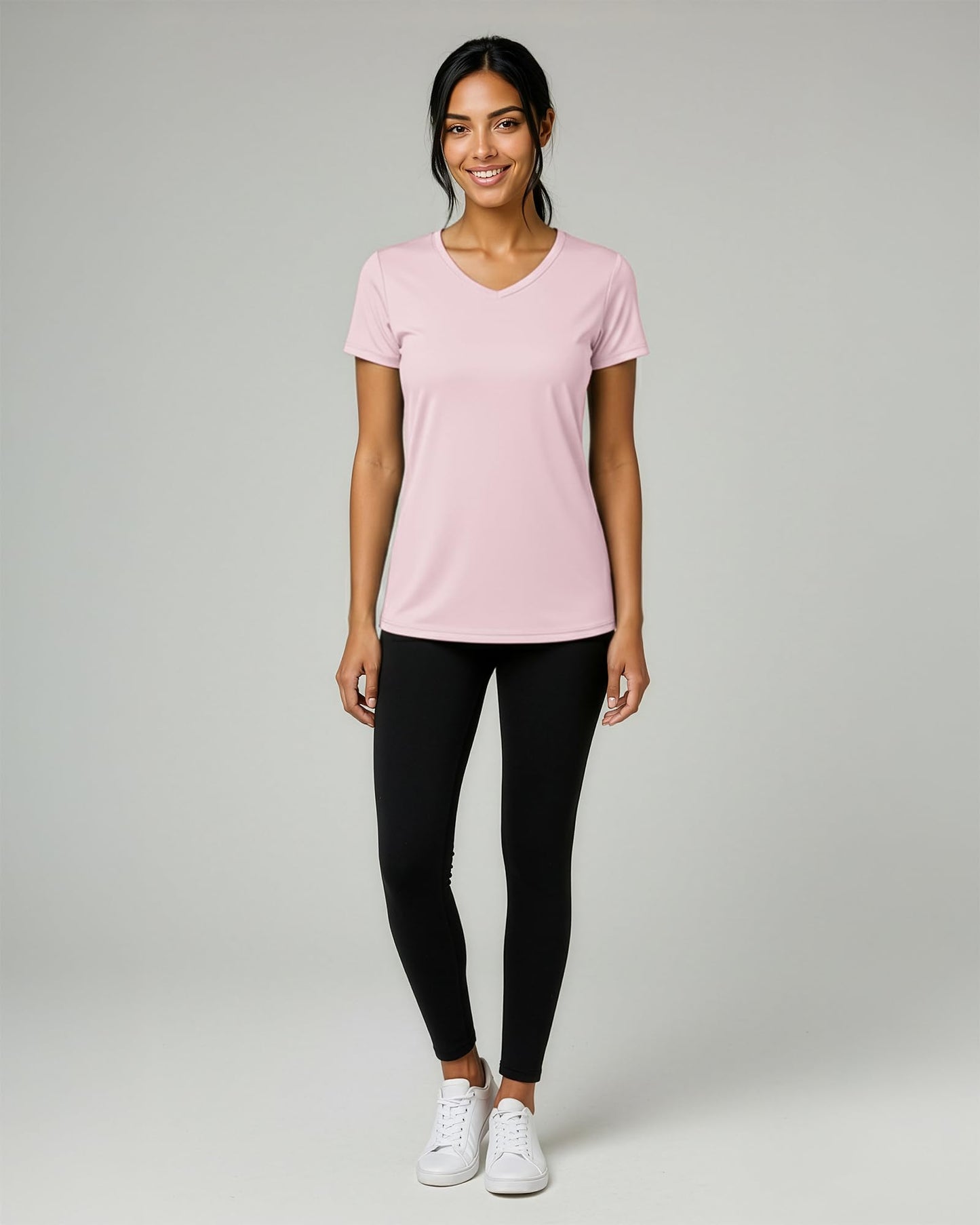 Real Essentials 5 Pack: Women's Dry-Fit Short Sleeve V Neck T Shirt Workout Fitness Yoga Top Tee, Set 6, S
