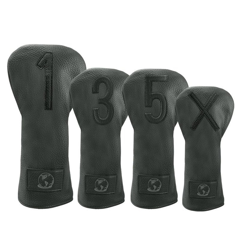 GLOBE IN ONE Premium Golf Club Head Covers Set of 4 - Fits Driver, Fairway & Hybrid Clubs (1, 3, 5, X) | Durable Golf Headcovers, Stylish Protection for Men & Women - Golf Club Covers Black