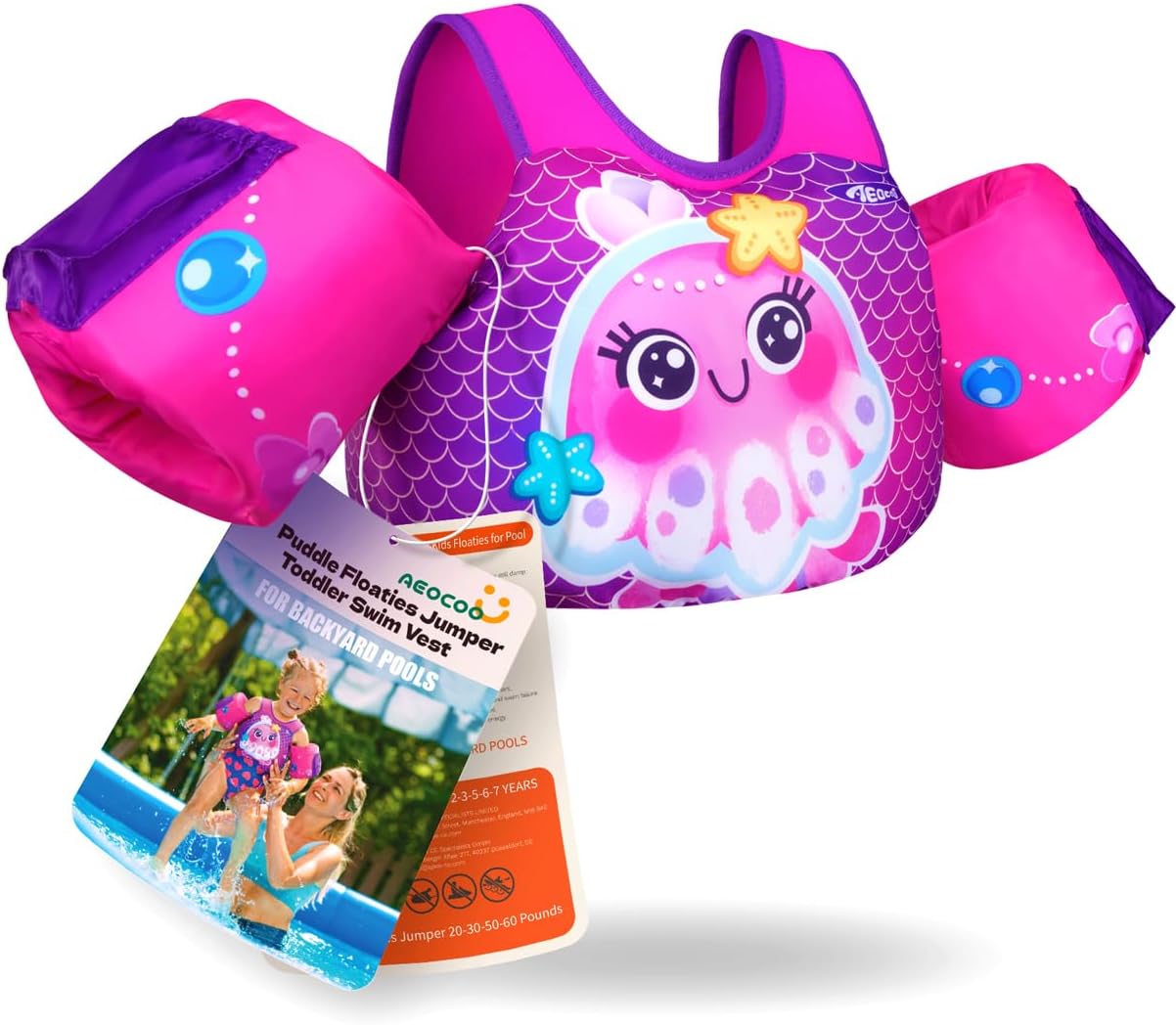 AEOCOO Puddle Float Jumper - Toddler Swim Vest for Ages 1-9 | Pool Floats with Arm Floaties & Water Wings