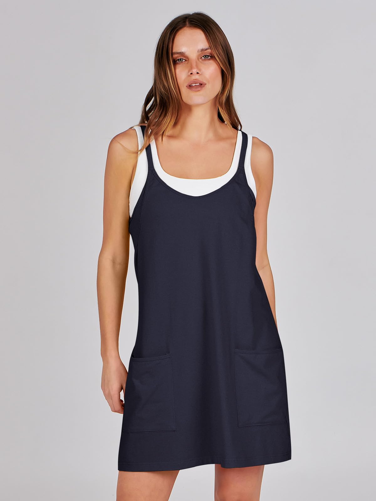 ANRABESS Women Athletic Dress Summer Tennis Workout Active Sports Mini Romper Dress Built in Shorts Travel Vacation Clothes Navy Blue Small