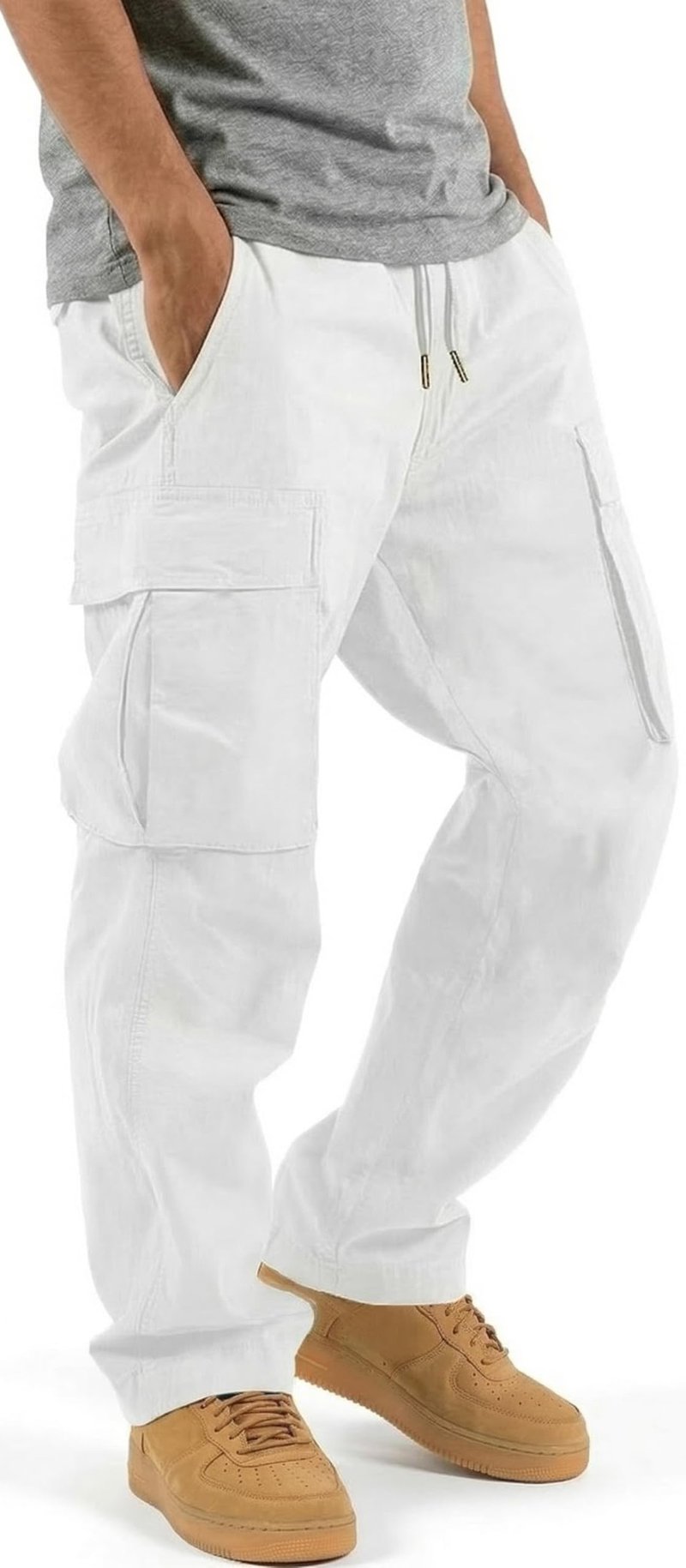 HUNGSON Mens Cargo Pants Drawstring Casual Hiking Pants Joggers Athletic Trousers Cotton Loose Straight Sweatpants for Men White