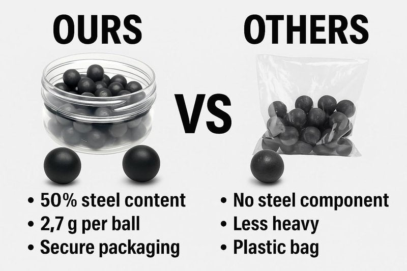 50 x Premium Quality Hard Mix Rubber Steel Balls 2.7 Grams Heavy Reusable Projectiles Paintballs Reballs Powerballs for Training Home Defense Pistols in 50 Caliber (S-Type)
