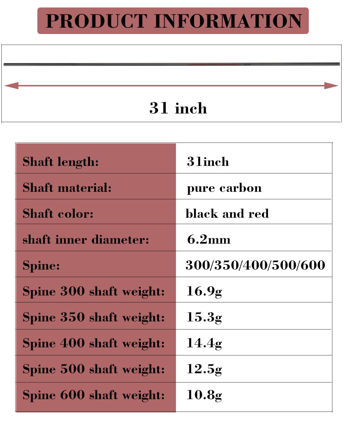 TOPARCHERY Arrow Shafts Pure Carbon Shafts 31 Inch Arrow Tube Spine 300 350 400 500 600 for DIY Hunting Arrows Recurve Bow Compound Bow 12Pcs (Spine:500)