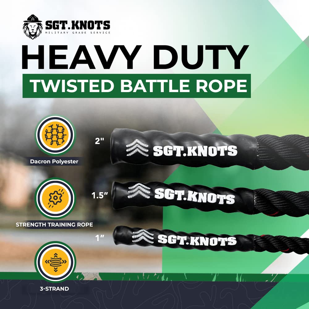 SGT KNOTS Twisted Battle Rope - Weighted Exercise Rope for Strength Training, CrossFit, Battling, Climbing & the Gym (1.5" x 30ft)