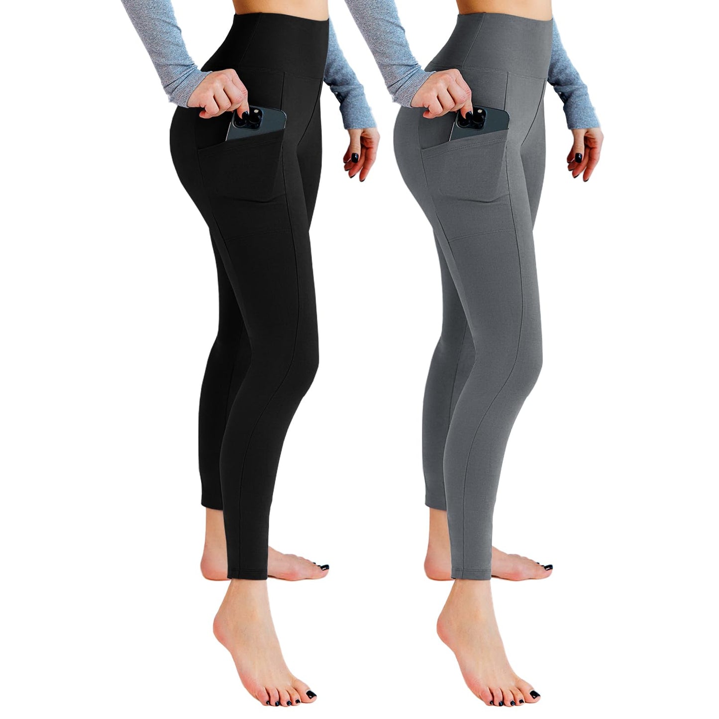 Leafigure 2 Pack Leggings with Pockets for Women, High Waisted Soft Leggings for Yoga Gym Black/Grey LXL