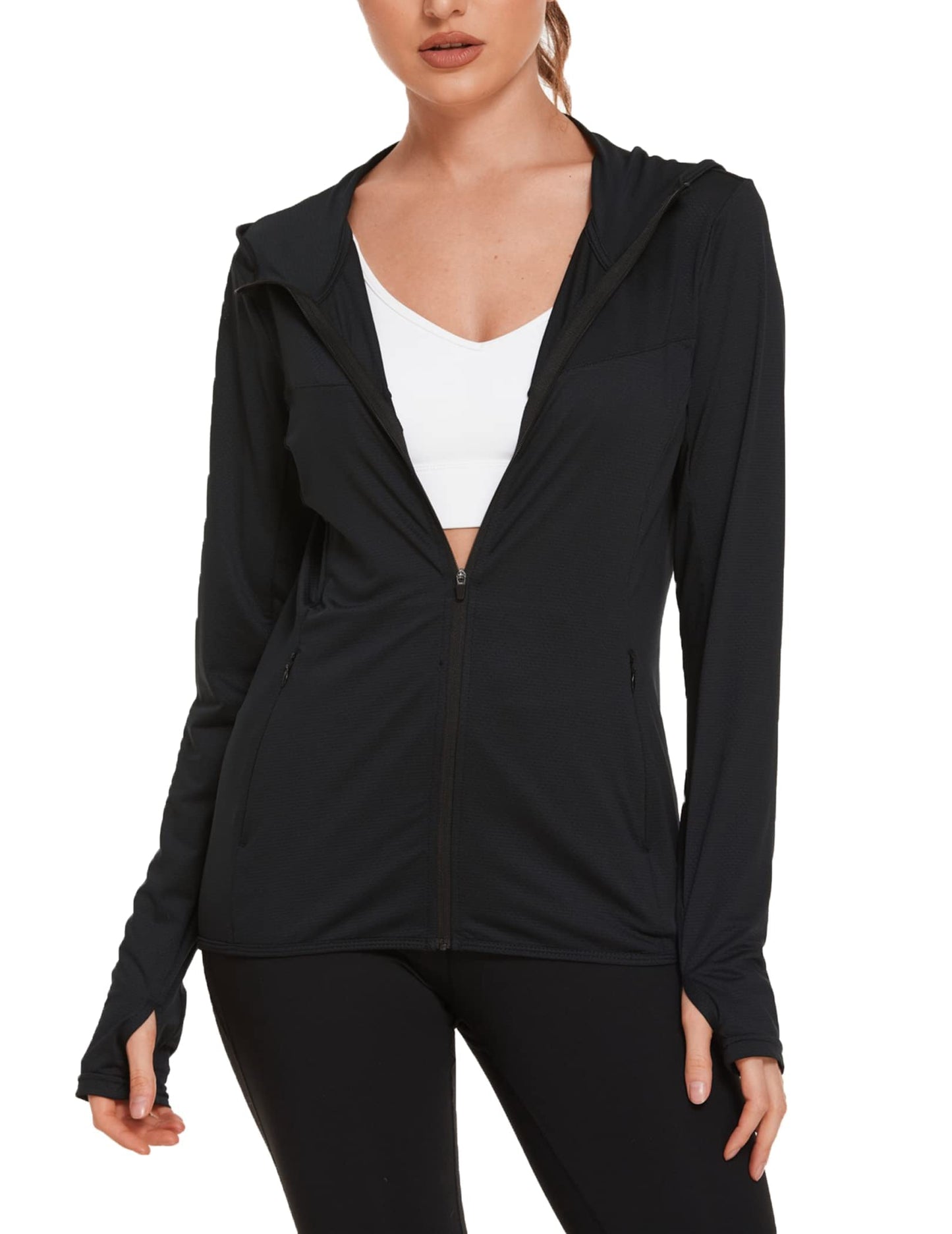 COOrun Women's UPF 50+ Sun Protection Hoodie Jacket Lightweight Full Zip Running Jacket Athletic Workout Top with Thumb Holes Zipper Pockets Black XL