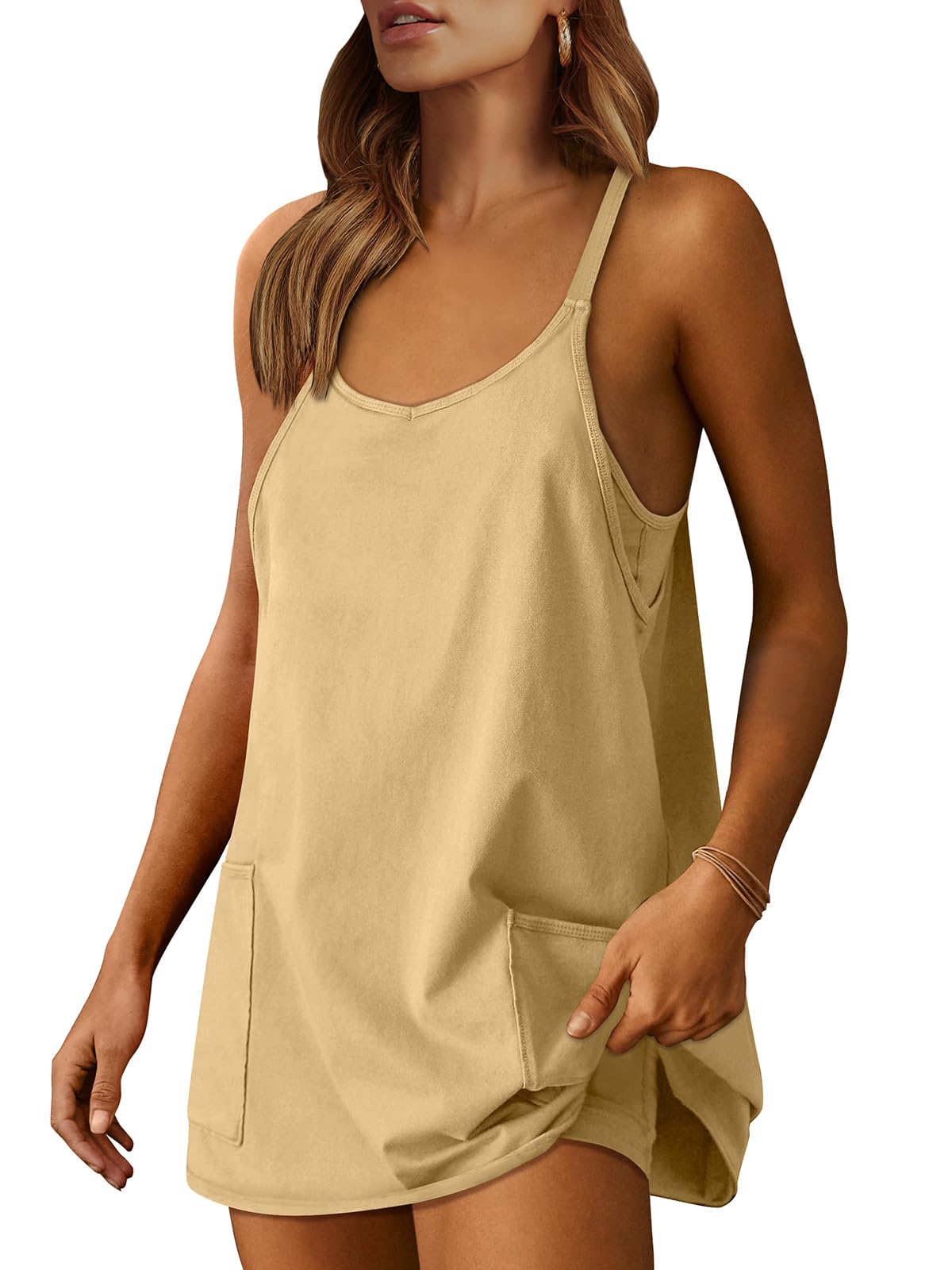 ANRABESS Women Athletic Dress Summer Tennis Workout Active Sports Mini Romper Dress Built in Shorts Travel Vacation Clothes Light Yellow Medium