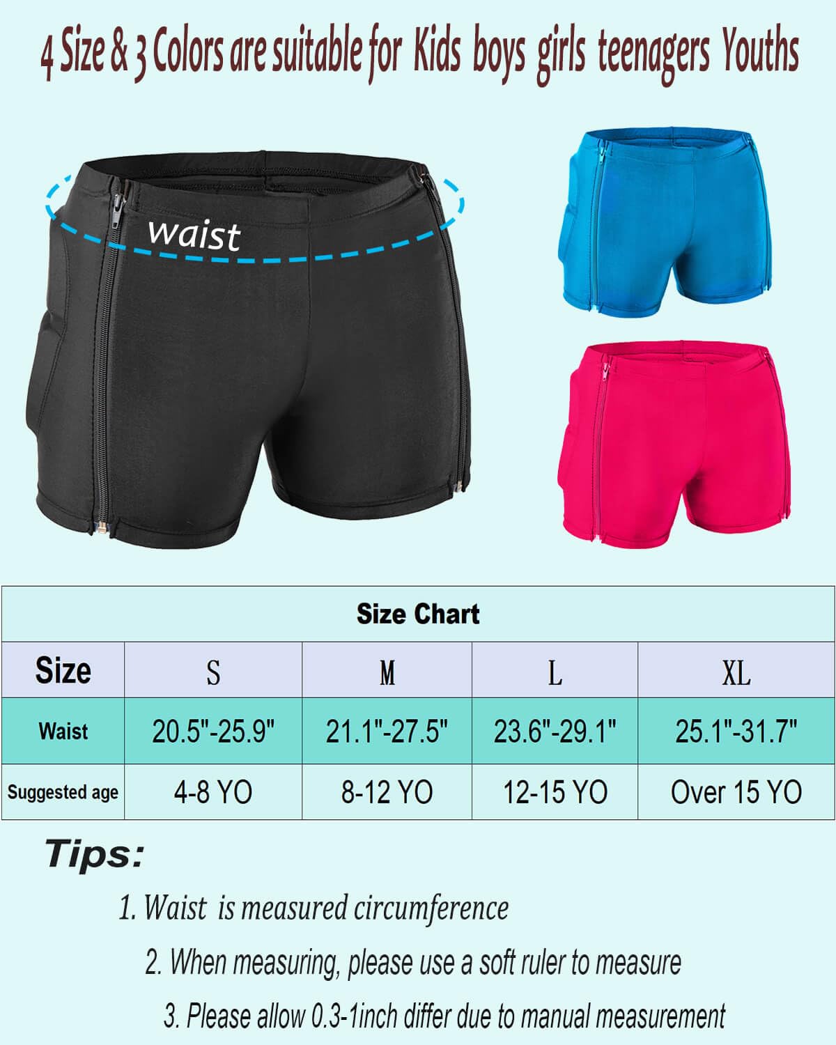 Kids Zip-on Zip-off Padded Shorts for Snowboard Ski Figure Skating Cycling, Children Youth Adults 3D Hips Pants Proteciton for Tailbone and Butt