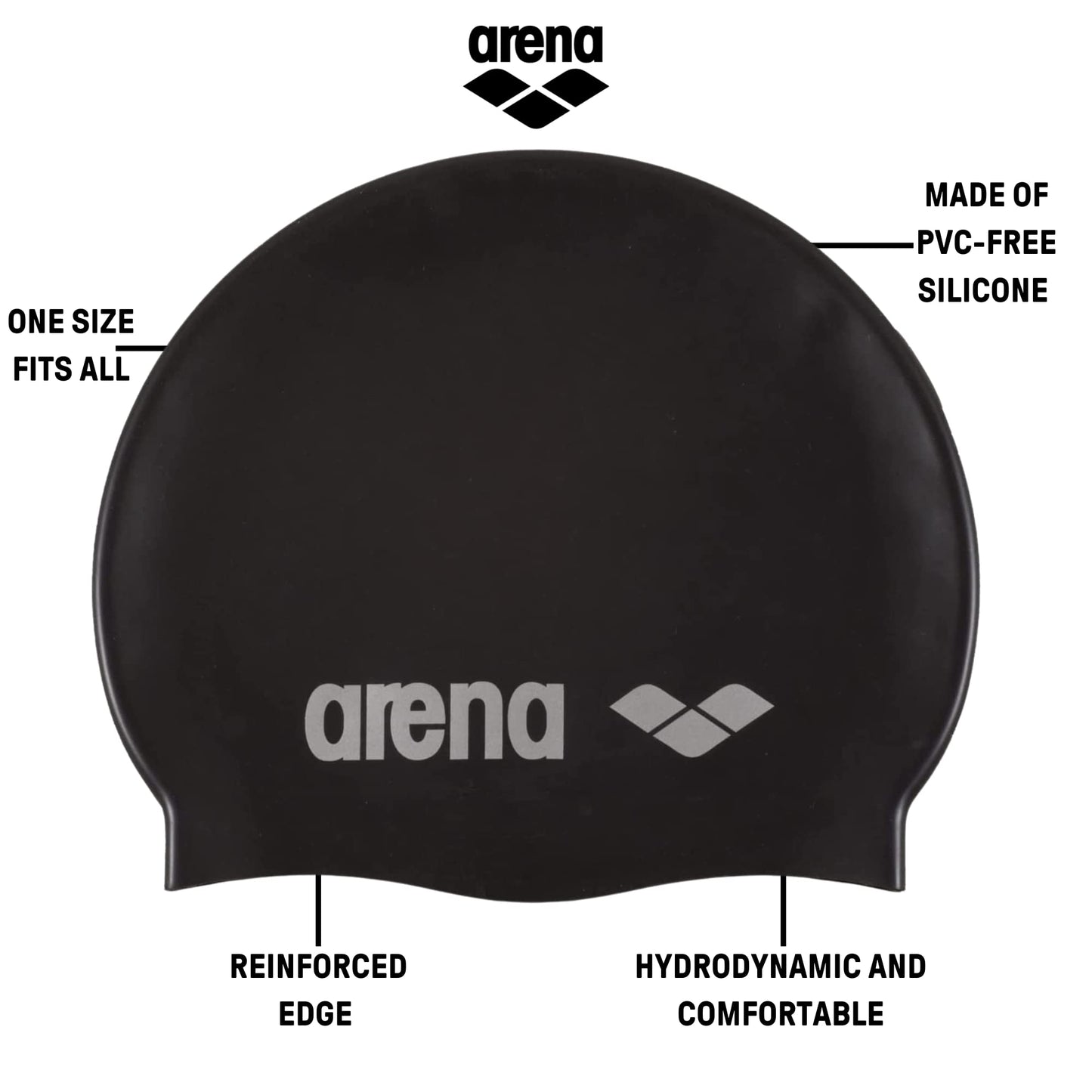 Arena Classic Unisex Soft Silicone Swim Cap for Women and Men, Intensive Training and Racing Comfortable Non-Slip Long Hair Swimming Hat, Parma/Black