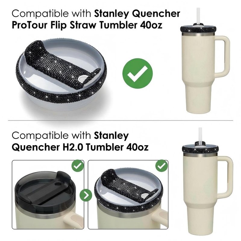 40oz Tumbler Lid Replacement for Stanley Cup Bling Replacement Tumbler Lids Compatible with Stanley Quencher 2.0 Cup Top Covers Accessories for Women（Black）
