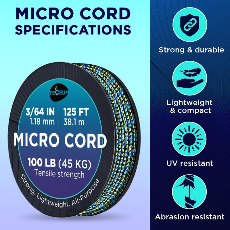 Micro Paracord Utility Cord - 1.18 mm x 125 ft Thin Braided Rope for Crafting, DIY, Fishing & Camping