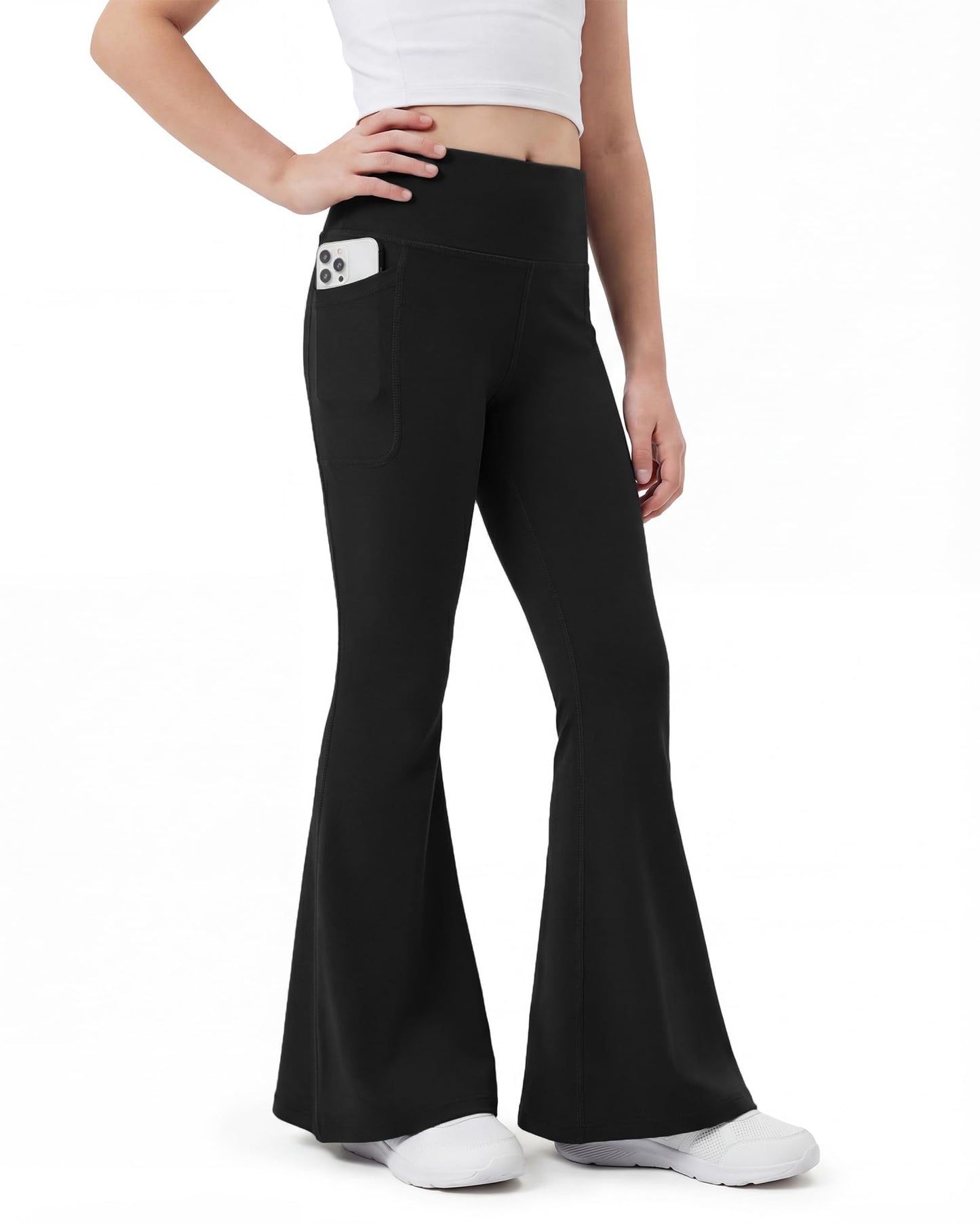 Stelle Girls Flare Leggings Bell Bottoms Yoga Pants with Pockets High Waisted Bootcut Dance Pants (Black, M)