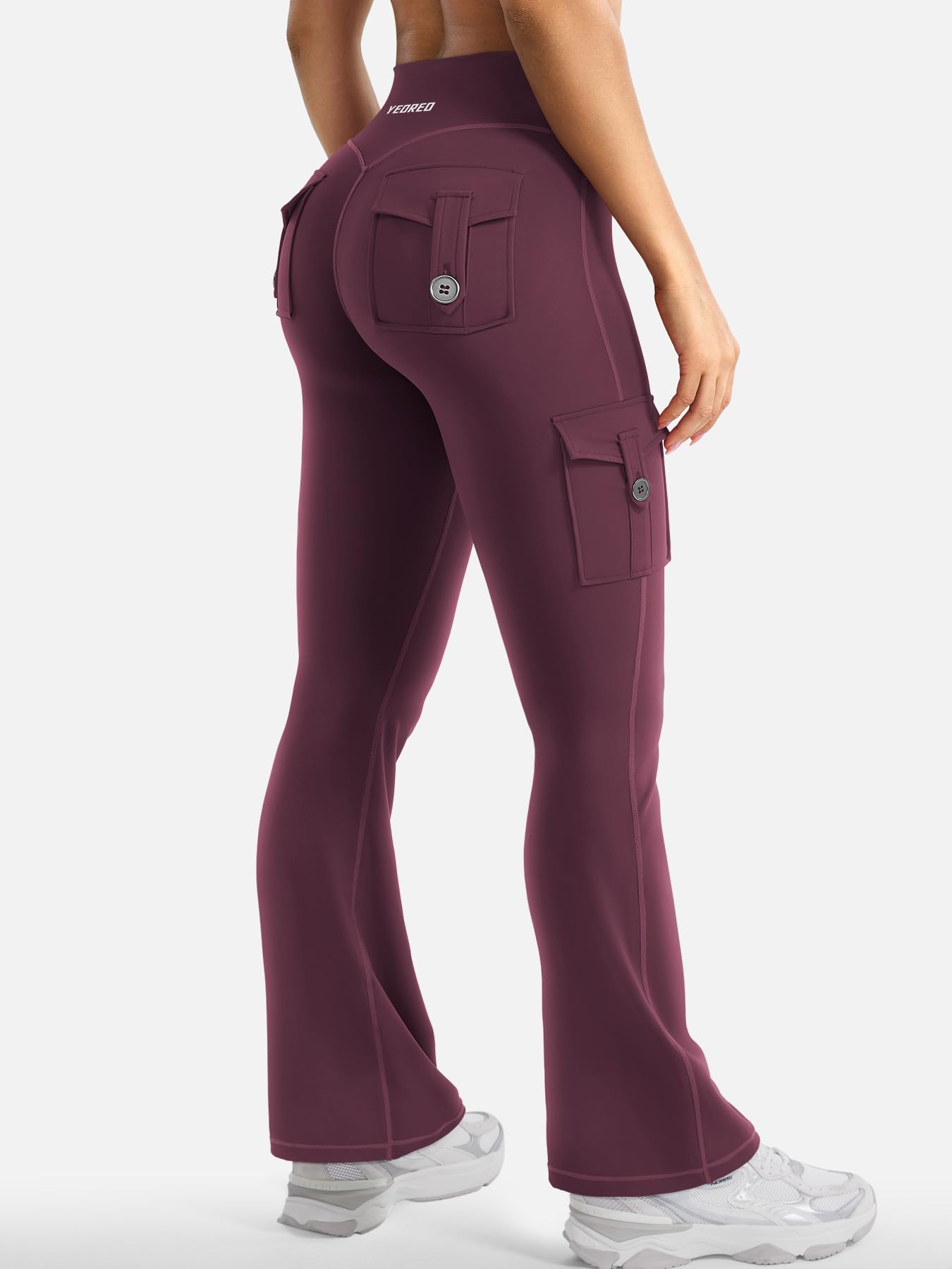 YEOREO CoreFlex Women Workout Flare Leggings with Pockets Scrunch Cargo Gym Yoga Leggings Black Cherry XS