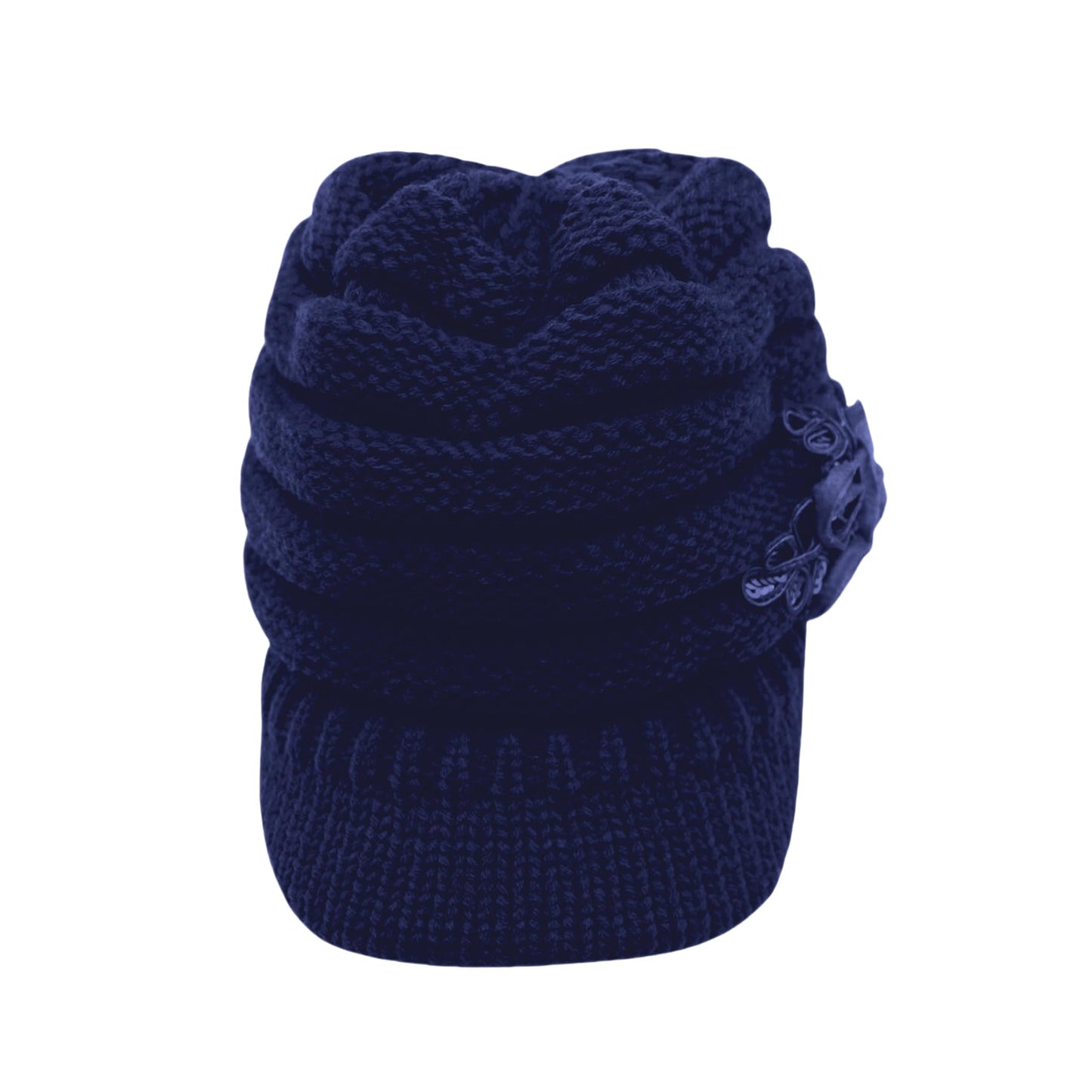 Caviotess C-US Women Winter Warm Knit Hat Crochet Visor Brim Cap with Flower Accent Dark Blue