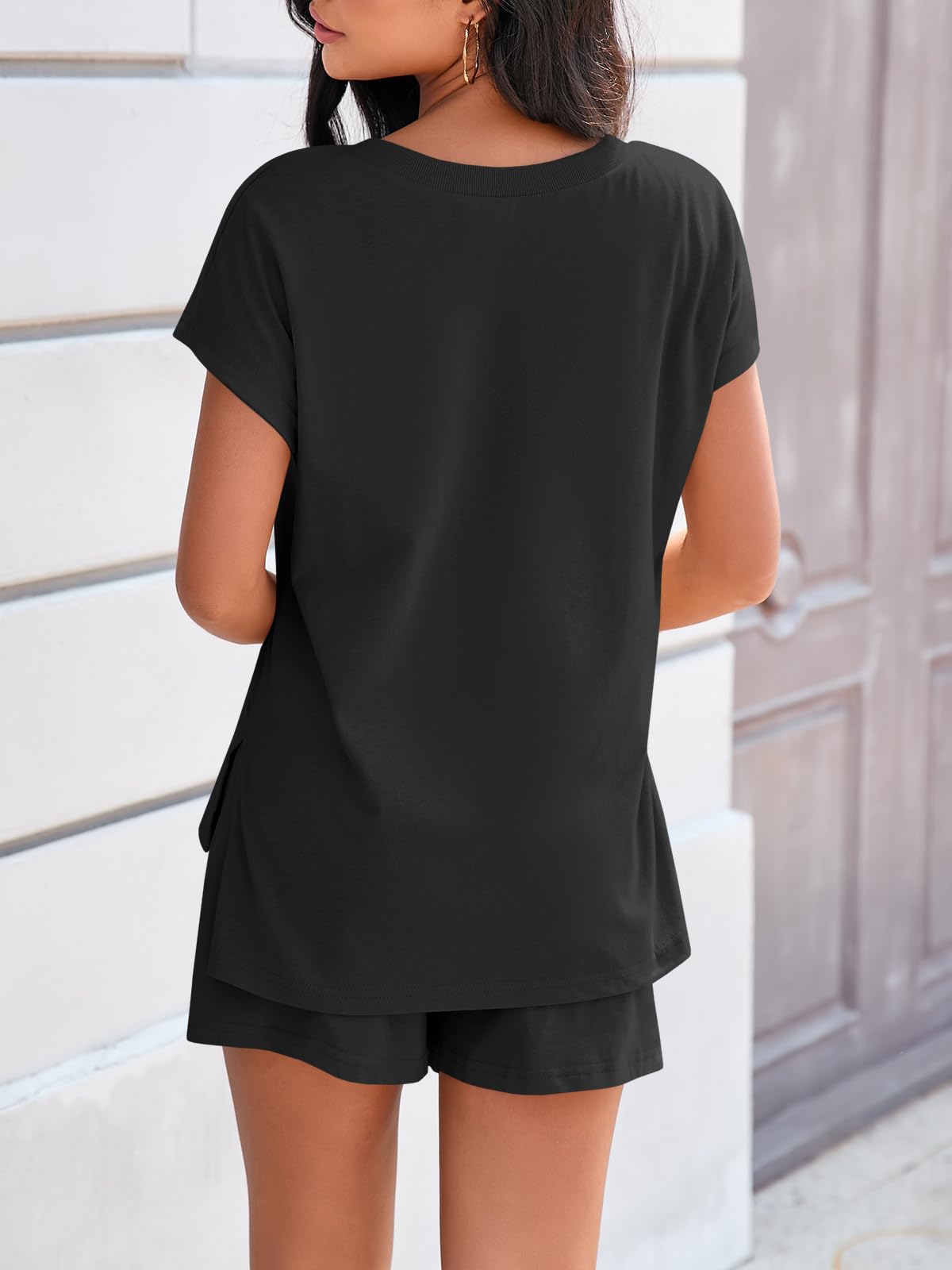 Fisoew 2 Piece Short Sets for Women Lounge Set Casual Summer Outfits V Neck Cap Short Sleeve Tops Matching Workout Airport Outfits Black