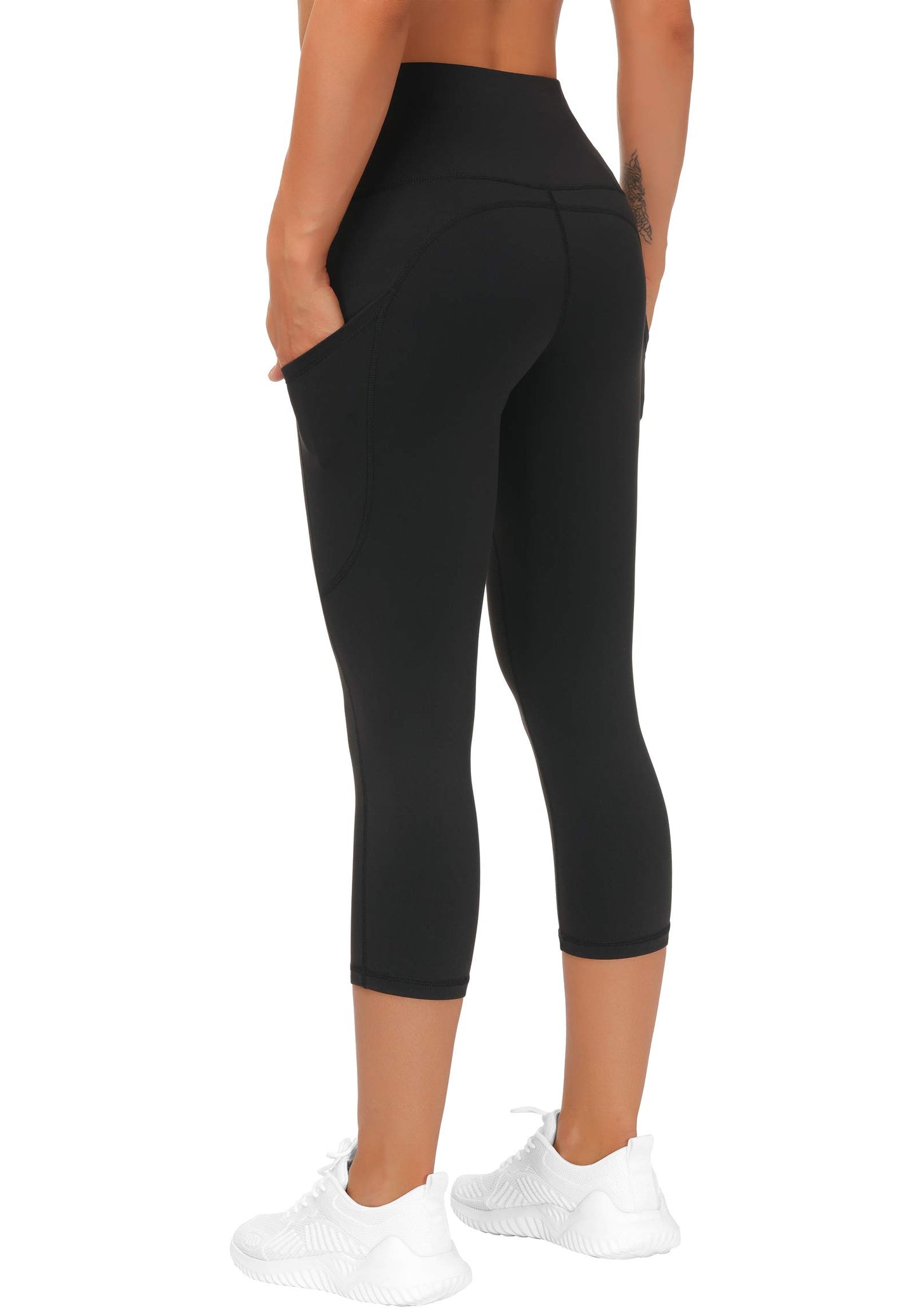 THE GYM PEOPLE Thick High Waist Yoga Capris with Pockets, Tummy Control Workout Running Yoga Leggings for Women (X-Large, Z- Capris Black)