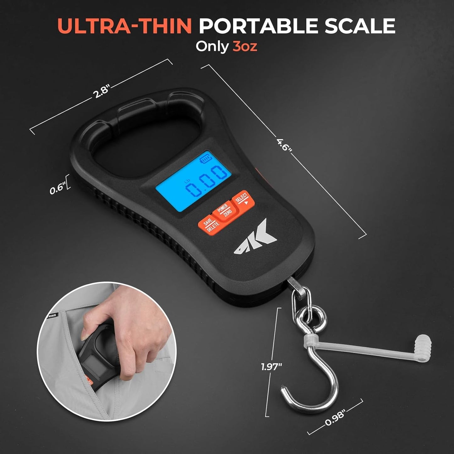 KastKing ToughTide Fishing Scale - Ultra-Thin Digital Scale with 65lb Capacity & LCD Display | USB Charging, Ergonomic Handle