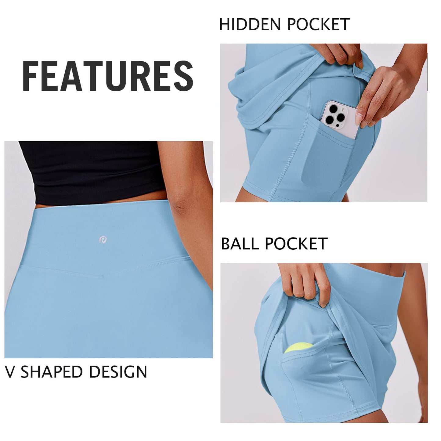 PINSPARK Womens Athletic Skirt High Waisted Mini Tennis Skorts with Pockets Solid Running Skirt Golf Workout Skater, Light Blue XXL