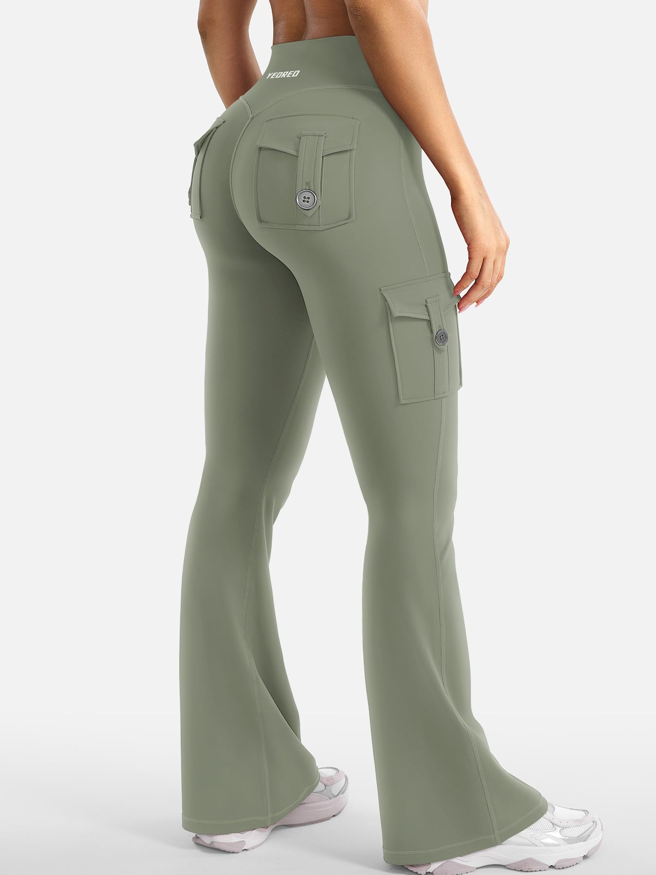YEOREO CoreFlex Women Workout Flare Leggings with Pockets Hidden Scrunch High Waisted Cargo Gym Yoga Leggings Light Army Green M