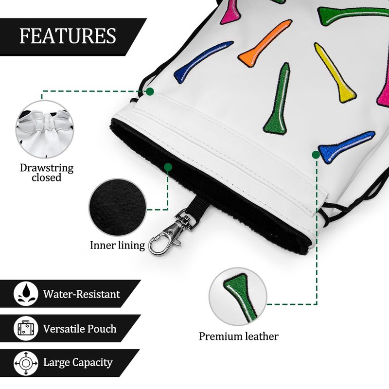 montela golf Valuables Pouch,Golf Bag Pouch with Drawstrings Golf Tee Bag Leather Golf Tee Pouchs for Men Women (Colorful Tee)