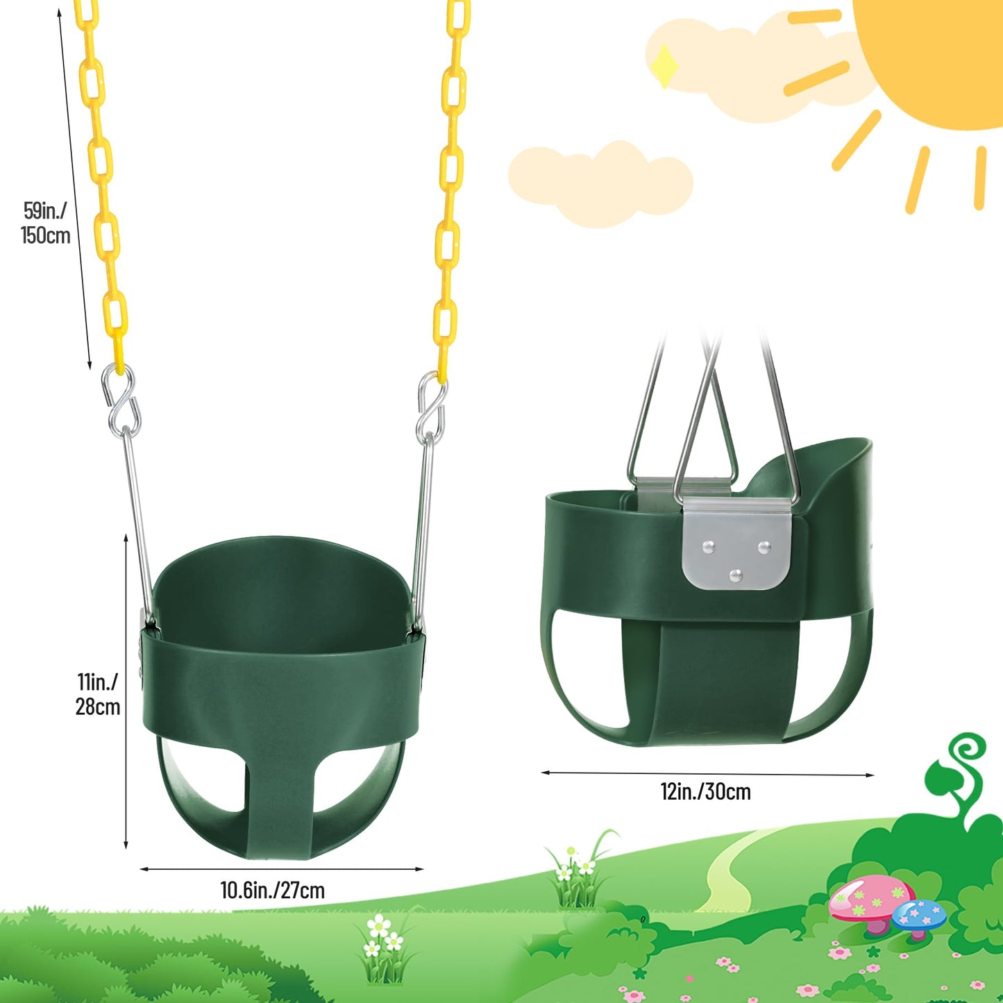Toddler Swing Seat with Coated Chains, Heavy Duty Kids High Back Bucket Swings with Tree Straps and Hooks for Outdoor, Playground, Backyard, Swing Set Accessories by Domaker, Green