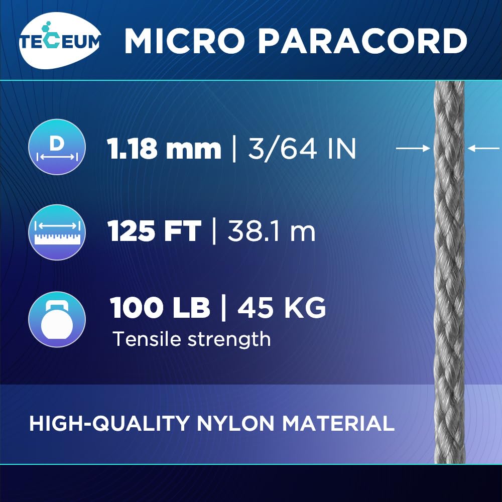 TECEUM Micro Paracord – Gray – 1.18 mm x 125 ft – Micro Utility Cord – Thin Braided Paracord Rope Nylon Polyester – Wind Chime Replacement – Survival Strong String 030c