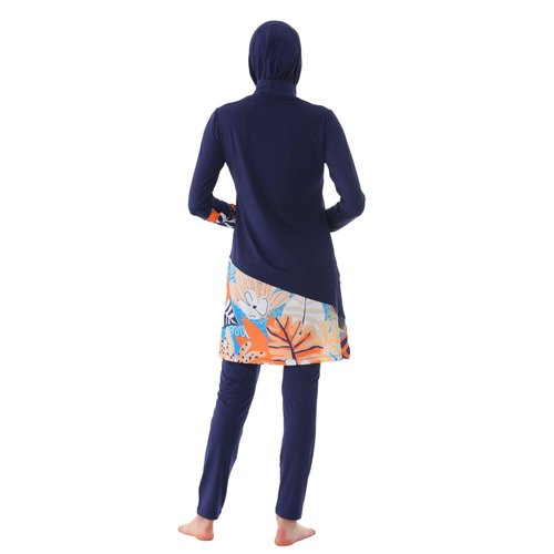 eo elif okur Islamic Long Sleeve Swimsuits for Women Modest Muslim 5 PCS | Full Cover Rash Guard Burkini | Arabic Swimwear (Navy Blue-Tropical/L)