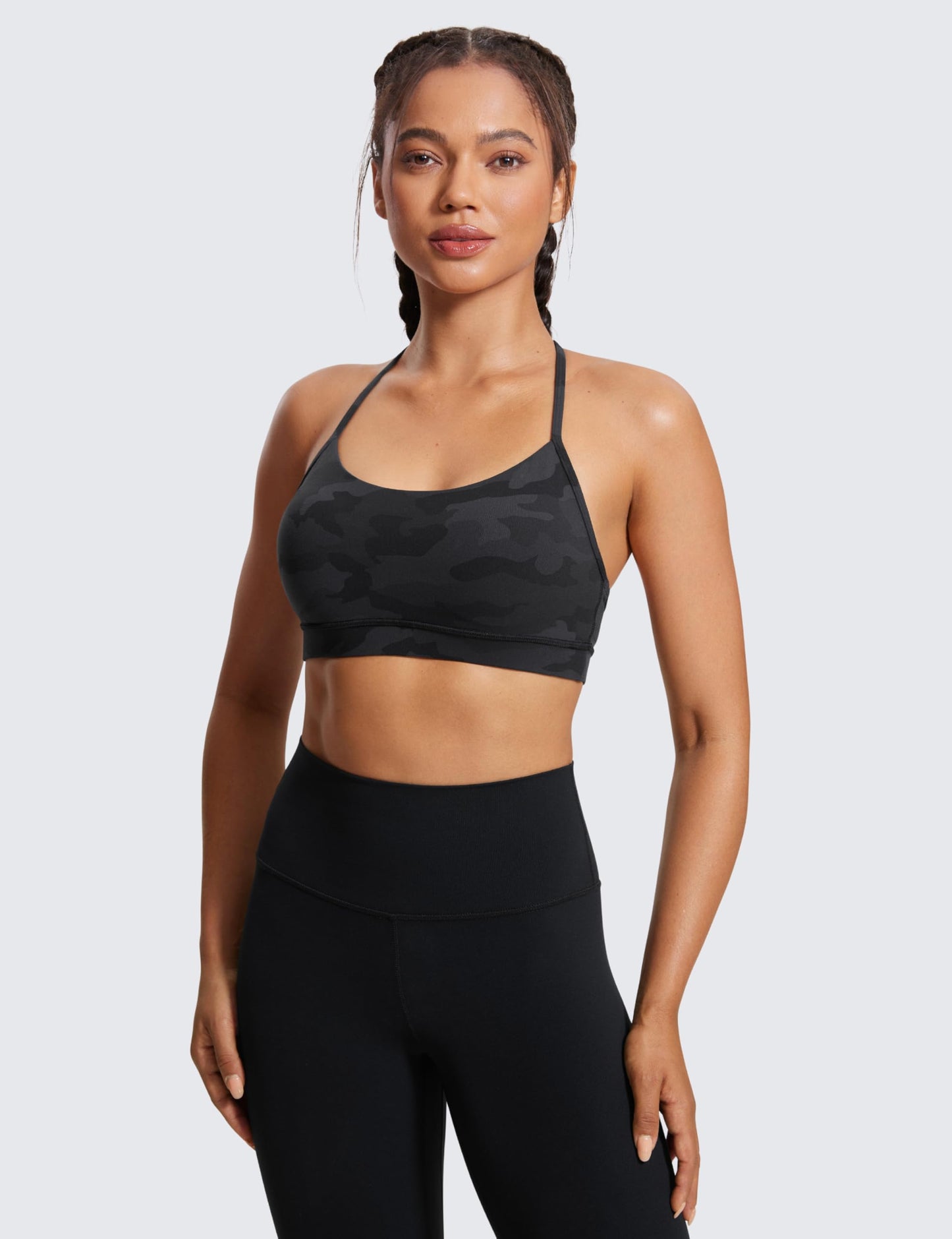 CRZ YOGA Butterluxe Y Back Sports Bras for Women - Padded Racerback Low Impact Spaghetti Thin Strap Workout Yoga Top Dark Grey Camouflage 2 Medium