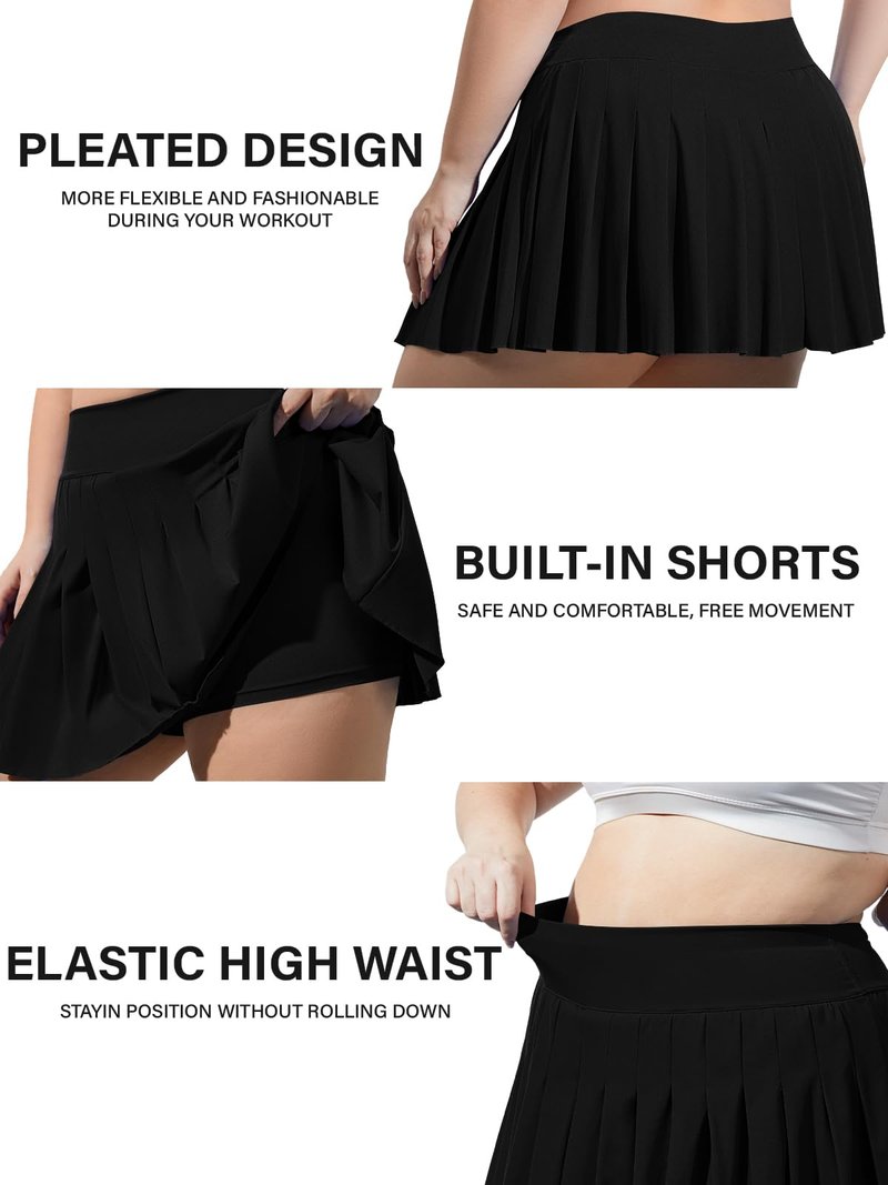 Moon Wood Women's Plus Size Pleated Tennis Skirt- Girls High Waist Athletic Golf Skirts with Shorts Black