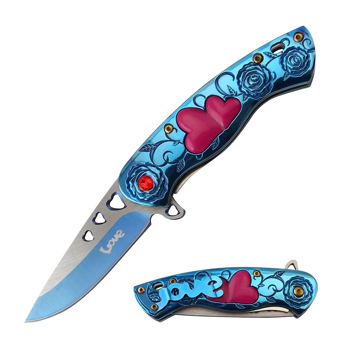 Snake Eye Tactical 7" Cupid Heart Ladies Valentines day Pocket Knife with LOVE Pocket Clip Included (Blue)