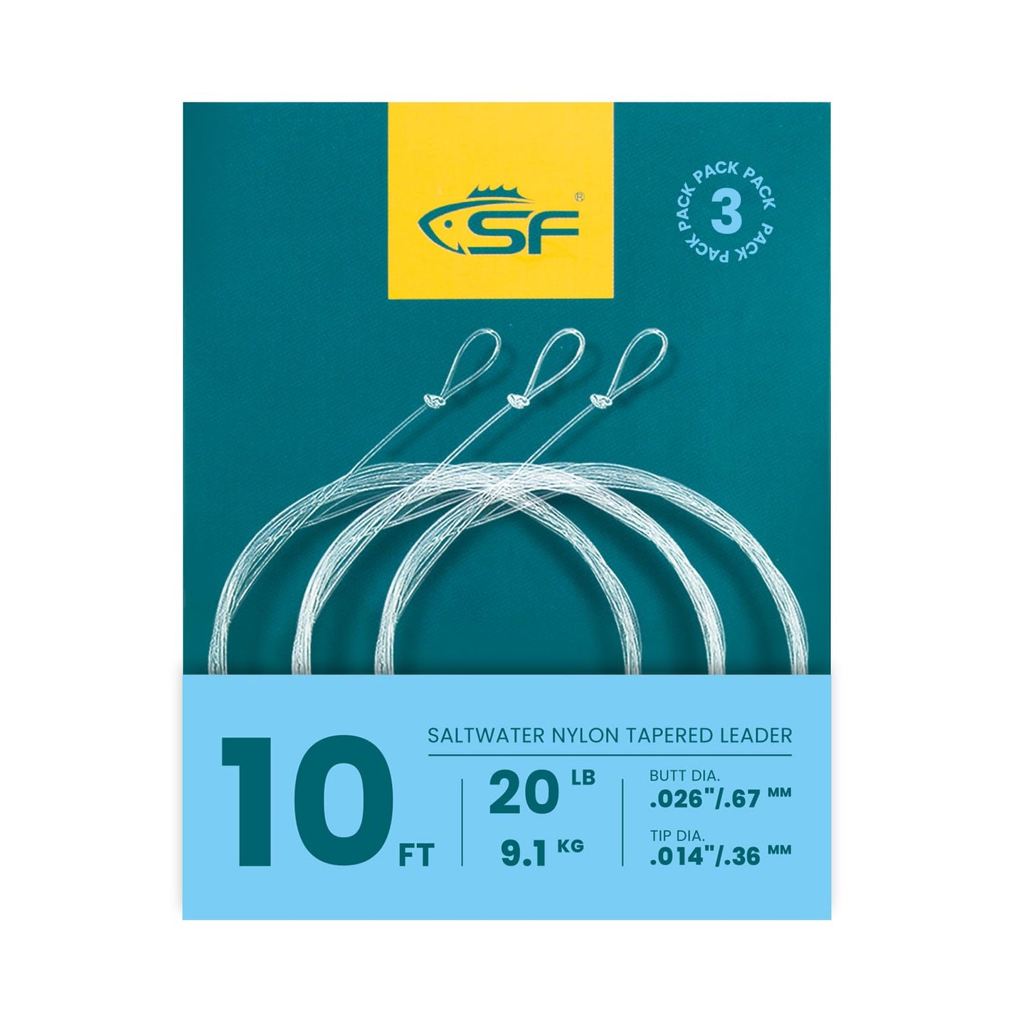 SF 10FT 20lb Pre-Tied Loop Saltwater Tapered Leader Fly Fishing Low Visibility High Strength Clear Nylon for Saltwater Bonefish Permit