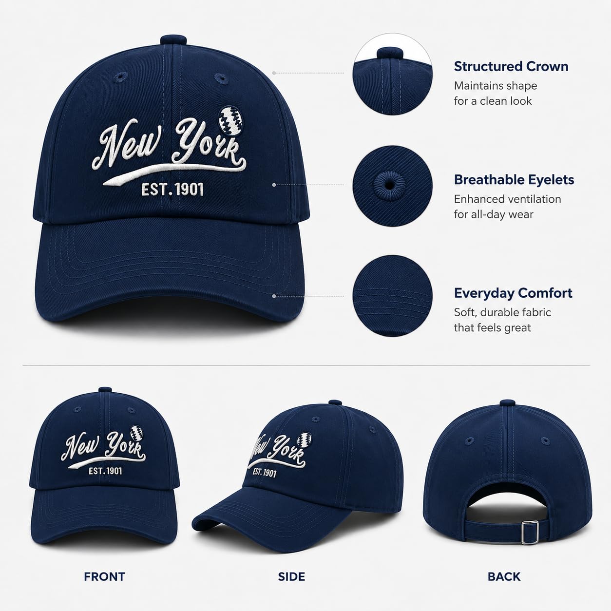 Embroidered City Cotton New York Baseball Cap, Adjustable Classic Vintage Fans Baseball Hat for Men Women