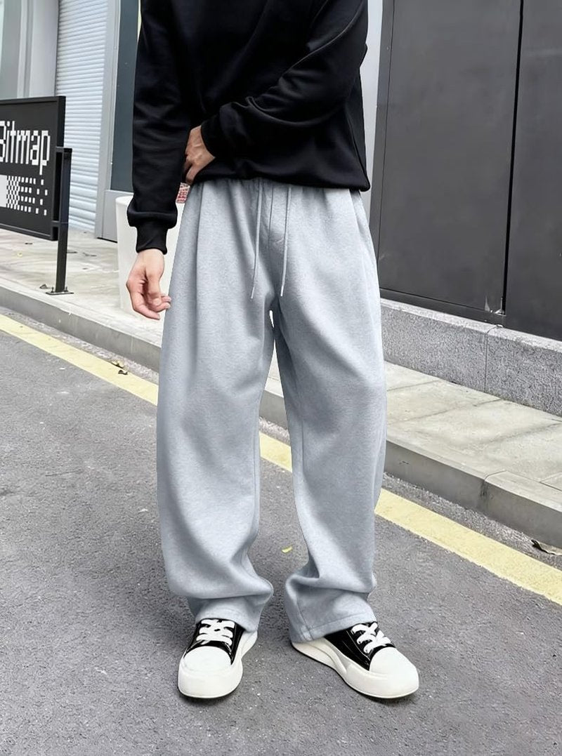 Drantren Men's Baggy Sweatpants Fashion Wide Leg Casual Sweat Pants Cotton Drawstring Stretch Joggers with Pockets Grey