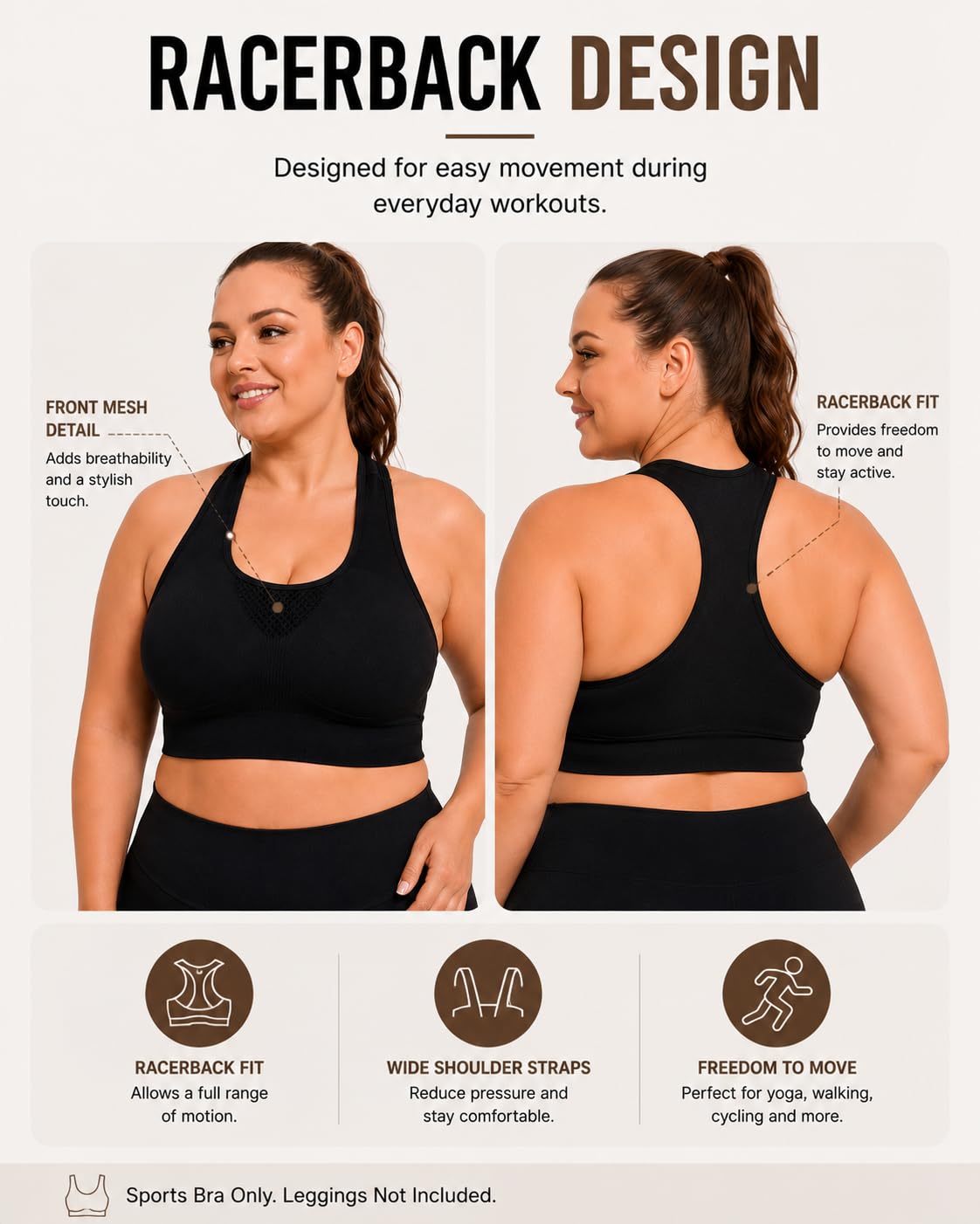 FANCMISTERY Plus Size Sports Bra for Women Racerback Wireless Padded Bra with Ventilated Mesh and Anti-Slip Design for Yoga,Cycling,Jogging and Workout (US, Alpha, 3X-Large, Plus, Regular, Black)