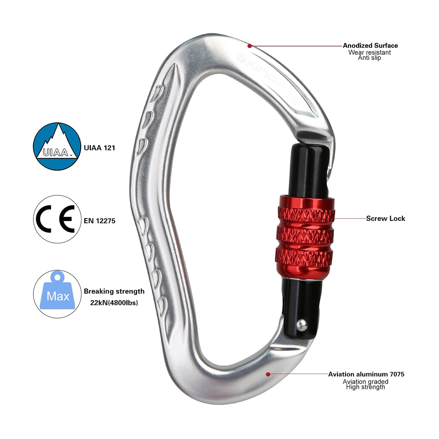 XINDA 22KN Screwgate Climbing Carabiner Clip, Heavy Duty Offset D-Ring Locking Carabiner Large, CE UIAA Certified Carabiner Hooks for Climbing Hammock (2 pcs Silver)