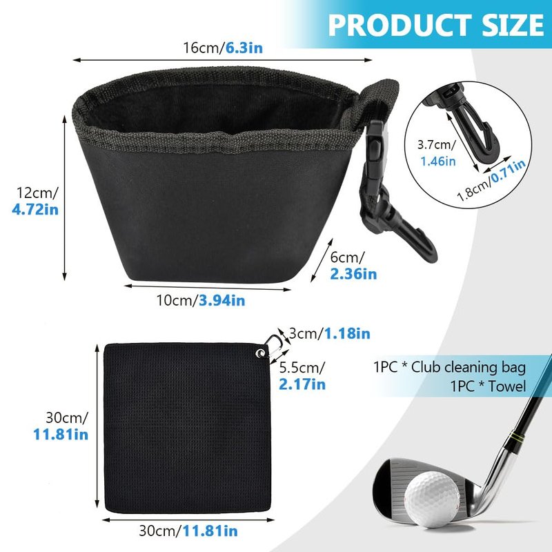 Yuanfenron Golf Club and Golf Ball Cleaning Bag - Cleans Club Grooves, Portable Waterproof Clean Face Tech, Detachable Clip, Quick Dirt & Grass Removal, for Golfers