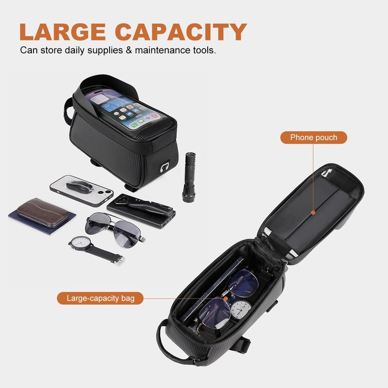 Qisan 1.7 L Capacity Leather Front Bike Bag Frame Motorcycle Accessories for Riding | 6.5" Motorcycle Phone Mount E-Bike Accessories for Men | Bicycle Top Tube Bag Cycling Pouch with Rain Cover
