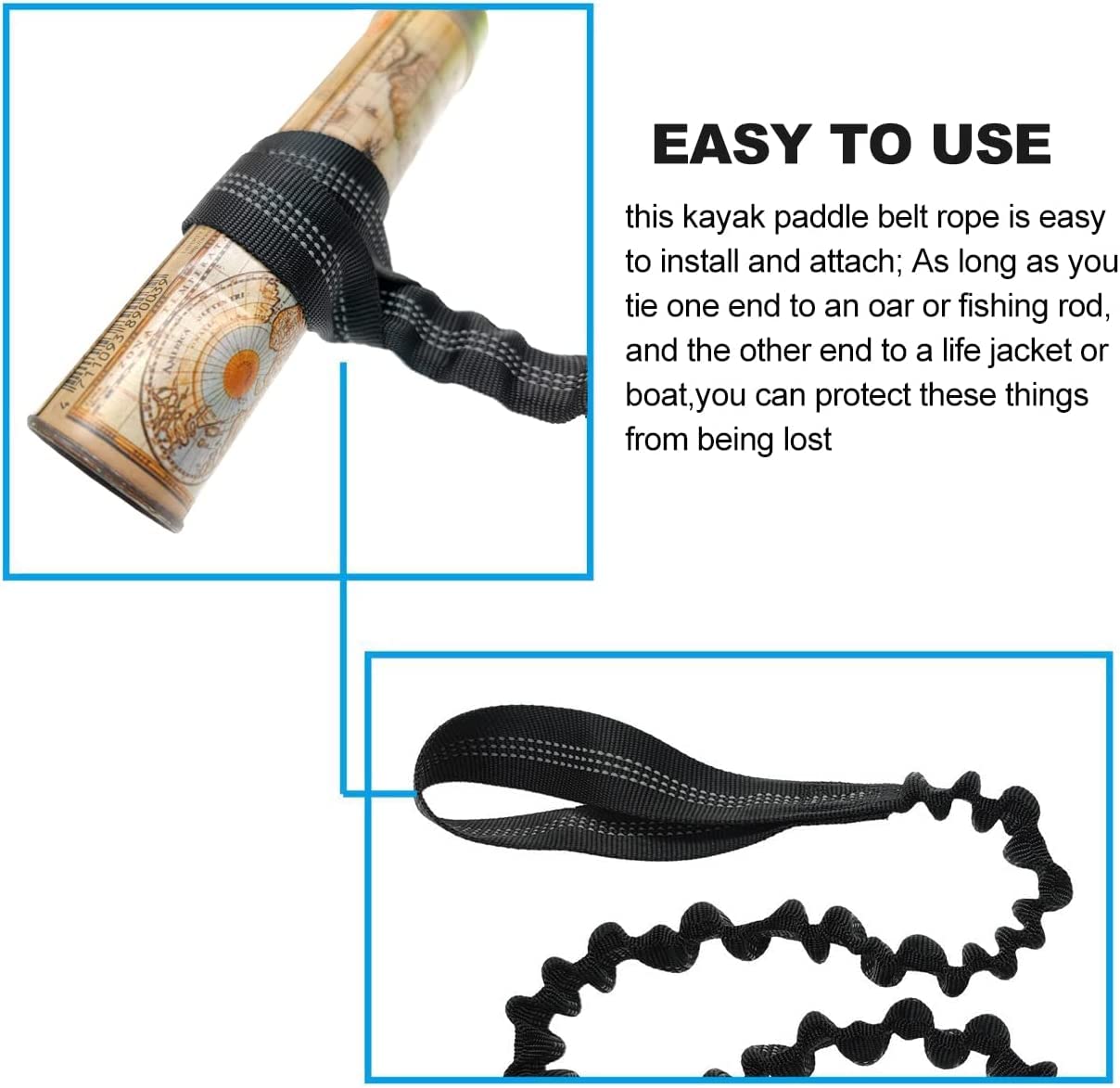 Lvsnro Paddle Leash Kayak Paddle Holder Tool Lanyard - 2 Pack Stretchable Paddle Strap with Carabiner Secure Leash Lanyard Rope for SUP Kayak Canoe Paddle Fishing Pole Rod (Black-2pcs)
