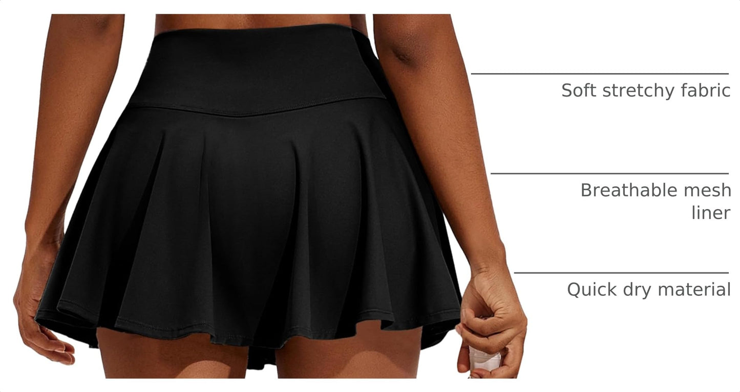 PINSPARK Mini Tennis Skirts for Women Pleated Golf Skorts Skirt with Shorts Lightweight Workout Skirt with Pockets Black L
