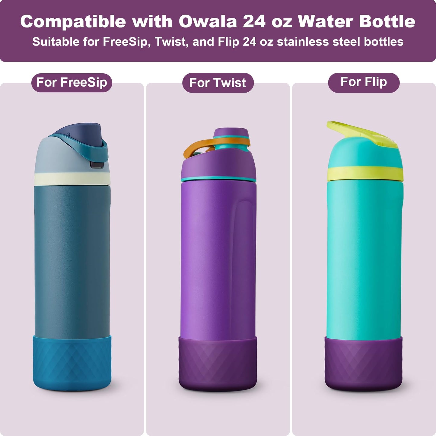 Alwenid 2PCS Silicone Water Bottle Boot for Owala 24 Oz, Anti-Slip Protective Sleeve Bottom Bumper Protector for FreeSip, Twist, and Flip Stainless Steel Water Bottles (Dark Purple+Dark Blue)