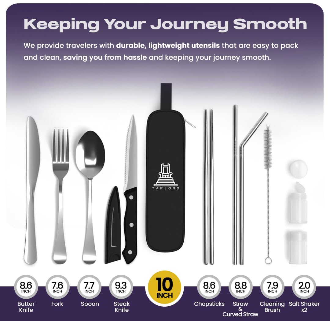 Taplord Portable Travel Silverware Set With Case, Includes 10 Pcs of Travel Utensils With Case, Stainless Steel Flatware Set For Camping, Lightweight (Silver)