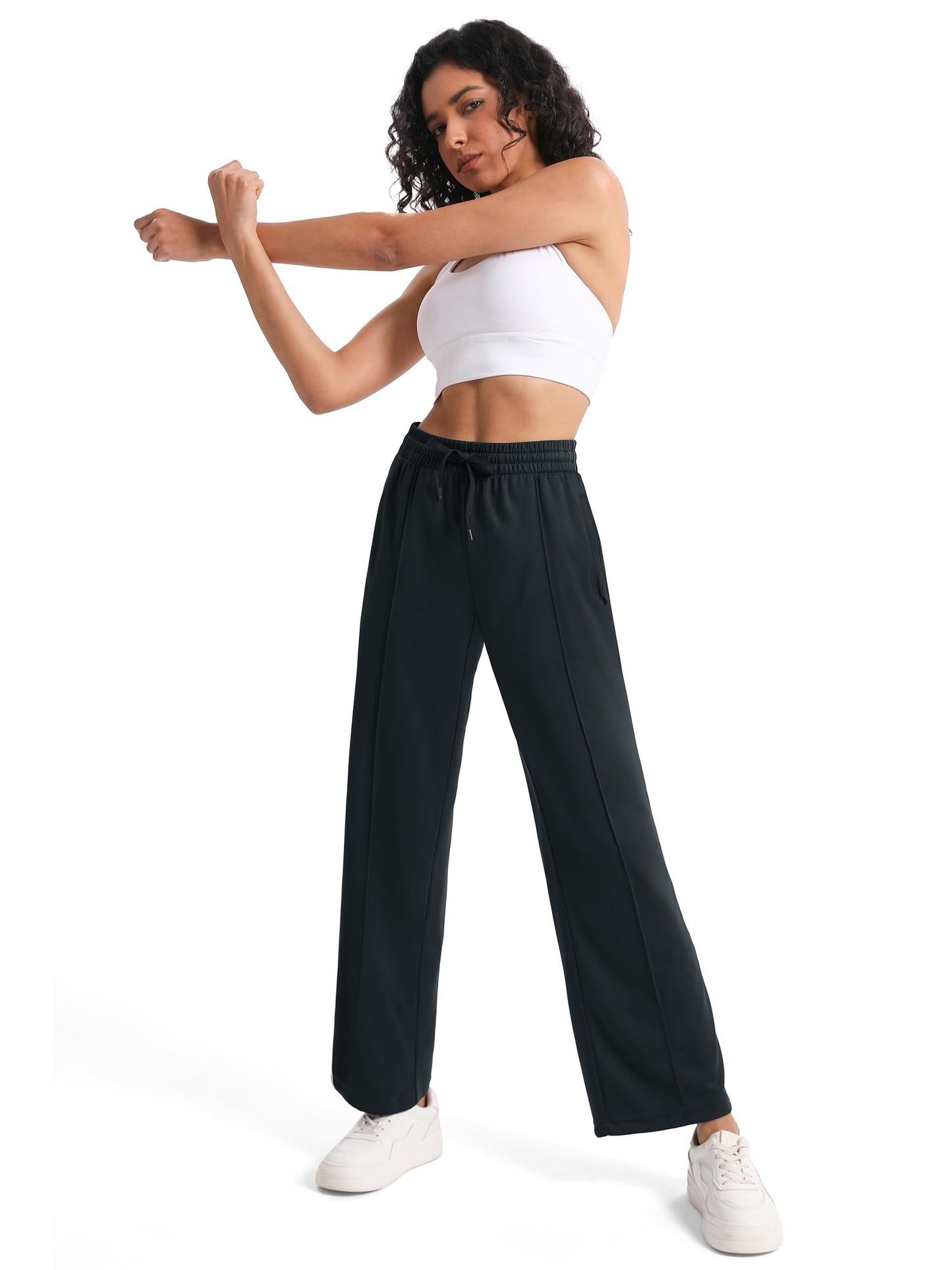 Tapata Extra Tall Woman 36" Inseam Stripes Sweat Pant High Waisted Drawstring Gym Exercise Lounge Joggers, Black, M