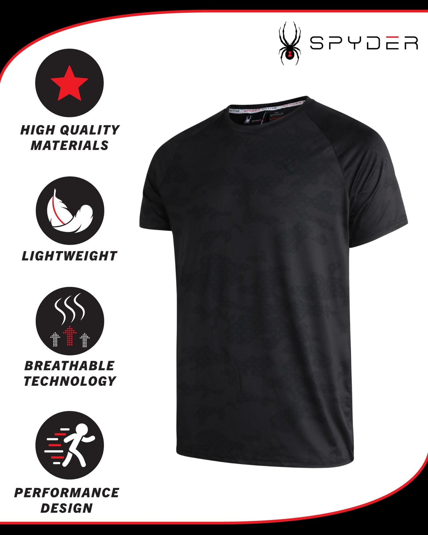 Spyder Mens Active Shirt - Crewneck Dry Fit Mens Workout Shirts Short Sleeve Camo Fitted Athletic Gym Shirts for Men, Size Medium, Blazing Black