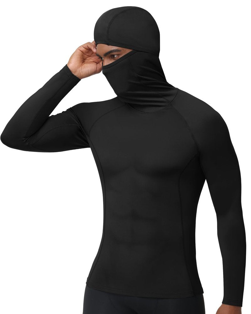RIKUAOU Men's Compression Shirt Hoodie with Mask, Long Sleeve Athletic Base Layer Top, Cool Dry Workout Sports Undershirt Black