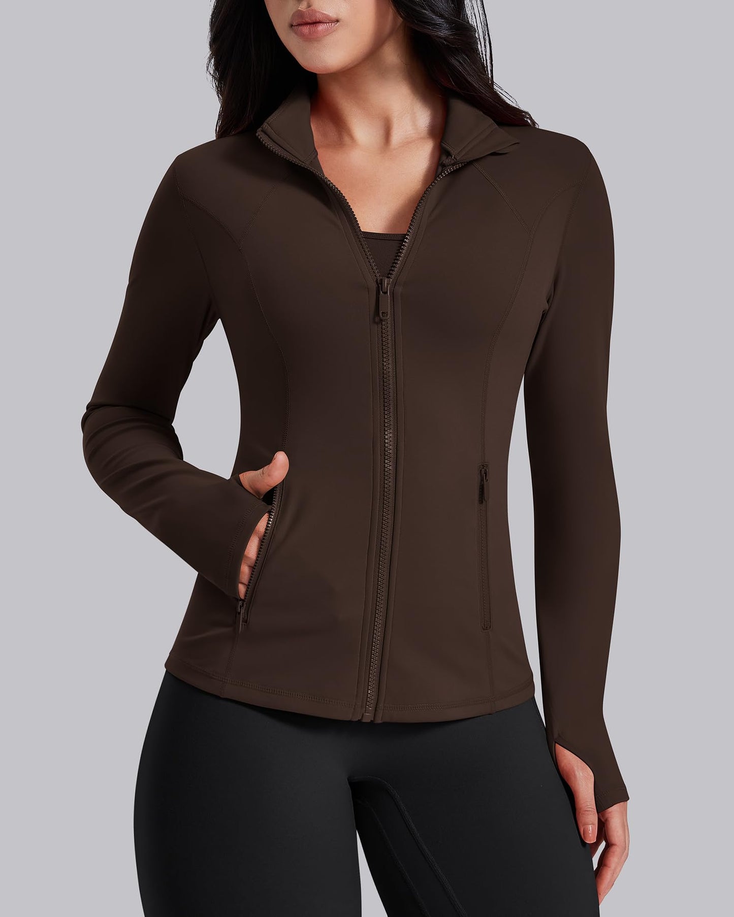 AVGO Womens Workout Jackets Lightweight Athletic Zip Up Jacket Slim Fit Running Gym Top with Pockets & Thumb Holes(Roasted Brown, L)
