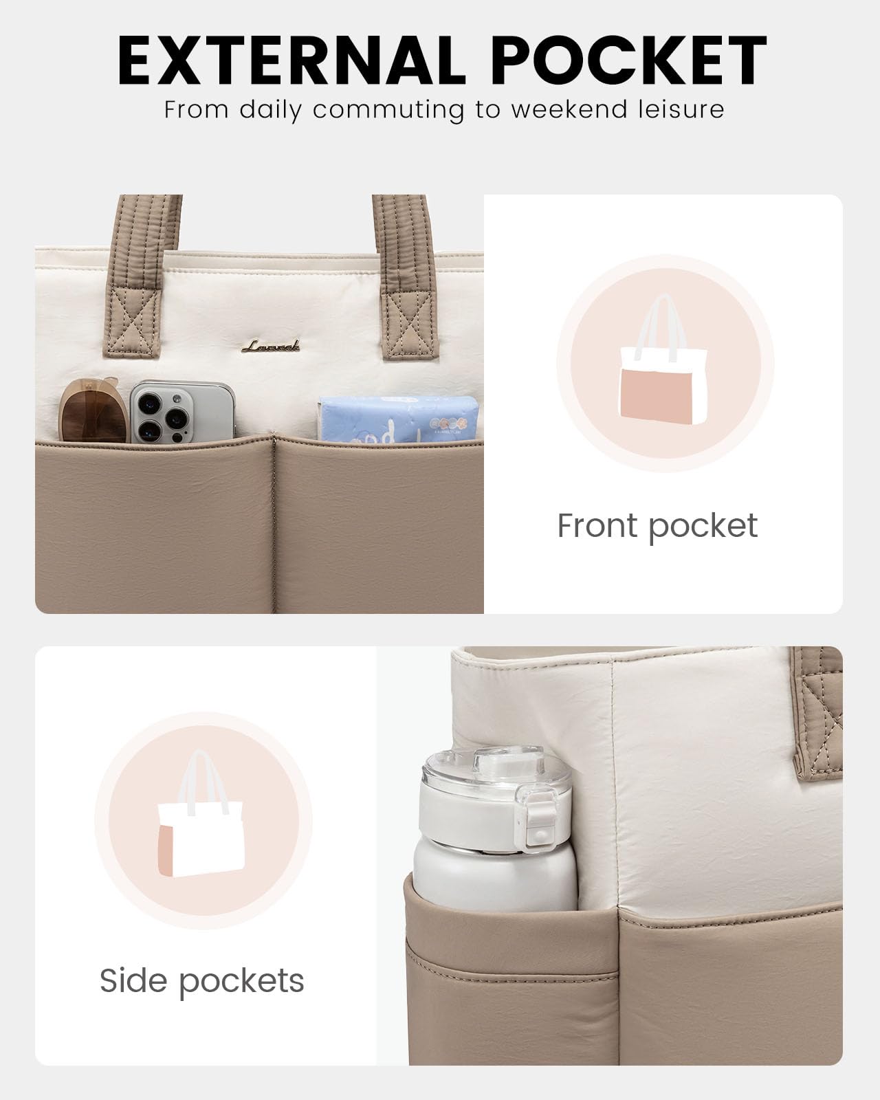 LOVEVOOK Puffer Tote Bag with 8 Pockets&Cosmetic Bag, Waterproof Work Bag for Women, Puffer Tote for Women Work, Travel, Gym